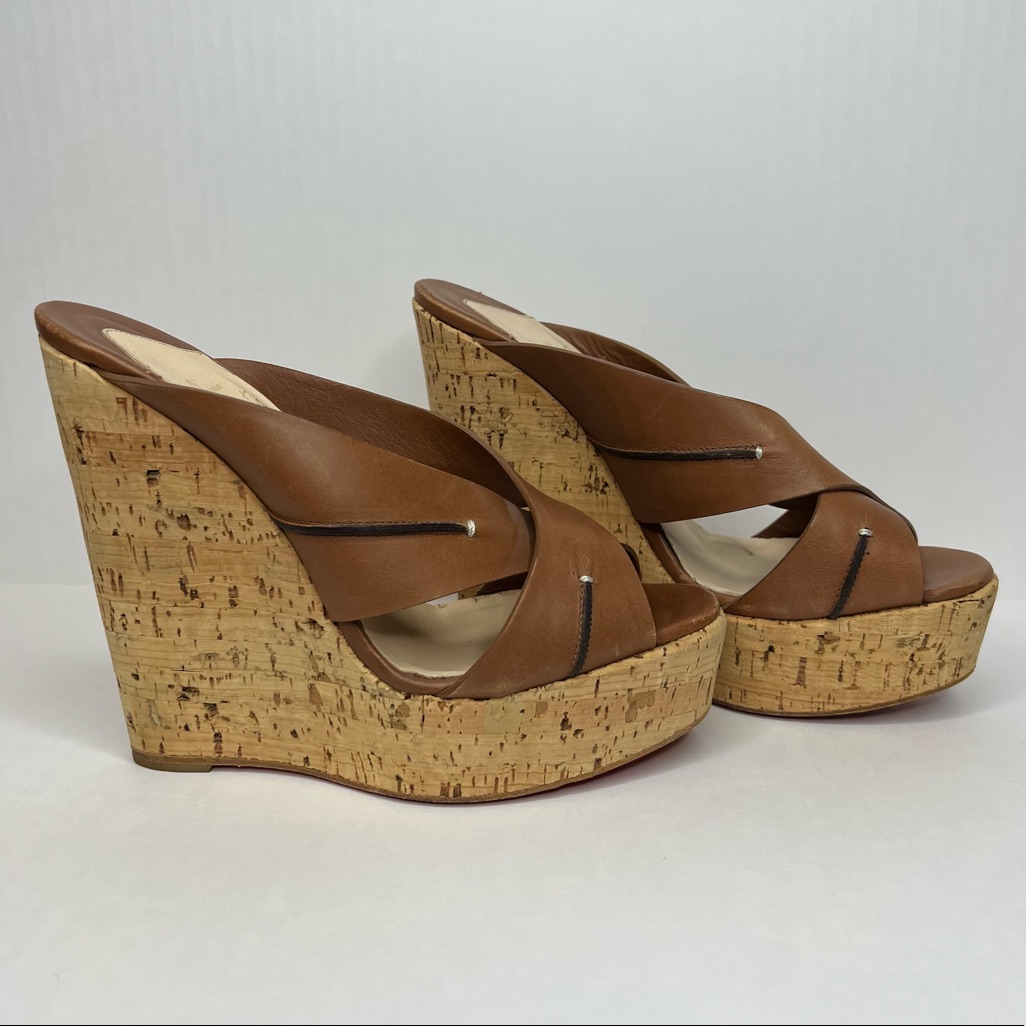 Christian Louboutin Brown Leather & Cork Covered Wedges. Size 8